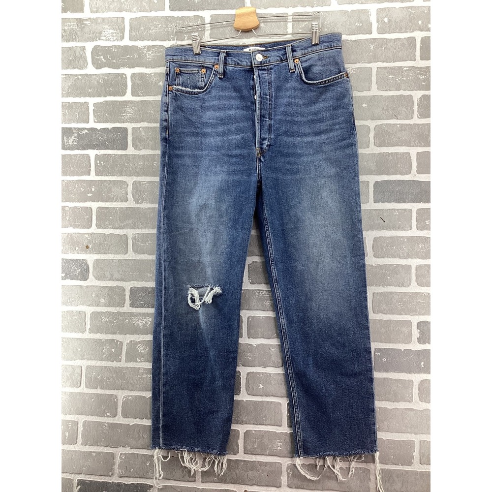RE/DONE High Rise Straight Leg Jeans Vintage Indigo Destroy Distressed Size 32